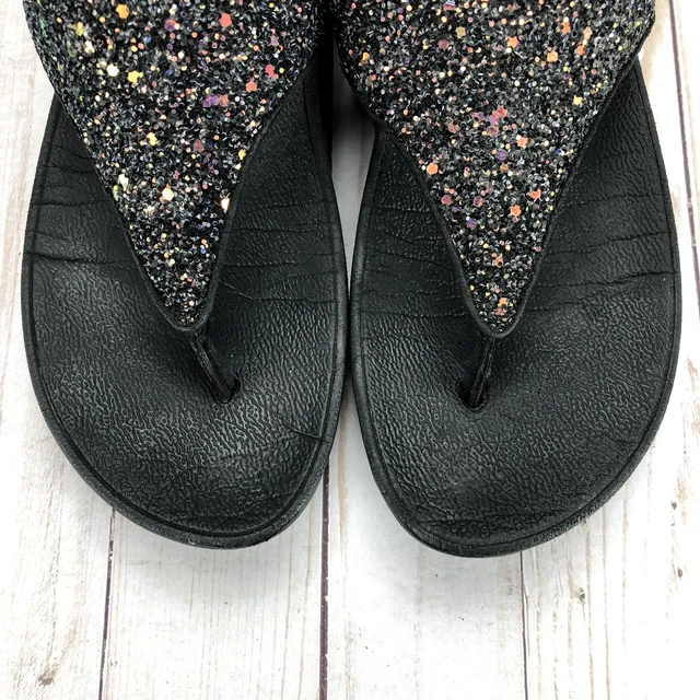 FitFlop Lulu  Glitter Sandals Thong Flip Flop Wedge Slip On Black Womens Size 6 2