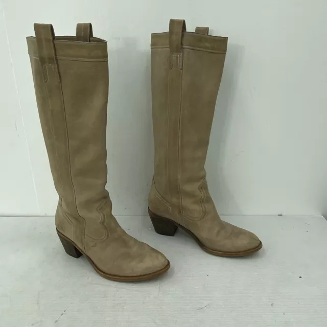 Guess Beige Leather Tall Pull On Riding Moto Biker Boots Womens Size 7.5