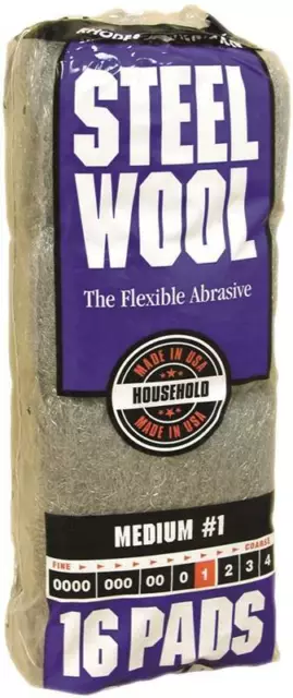 Homax 106604 Steel Wool Pad, #1 Grit, Medium, Gray, 16 Pads per Pack