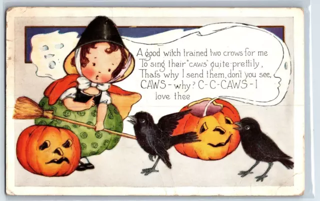 Girl Witch with broom, Crows, Halloween Postcard  (1920) - Vintage