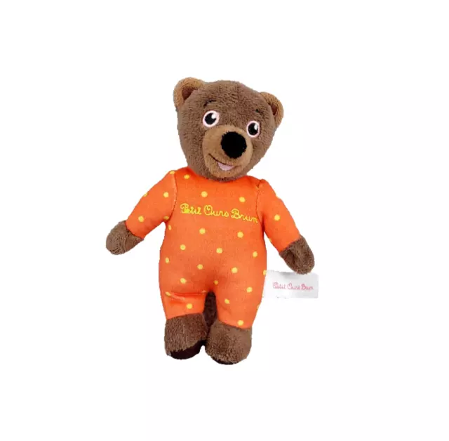 Petite peluche doudou petit ours brun JEMINI 15 cm pyjama orange pois jaune rose