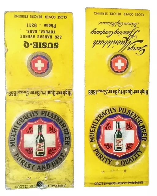 Vintage Muehlebach's Beer Kansas City and Susie-Q Topeka KS Lot of 2 Matchcovers