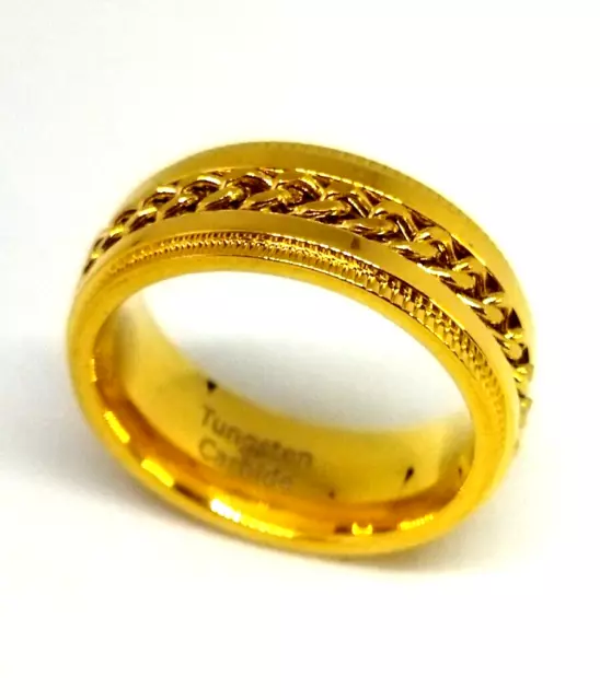 Tungsten Carbide Gold 8mm Spinner Ring Curb Chain Wedding Men Women Band