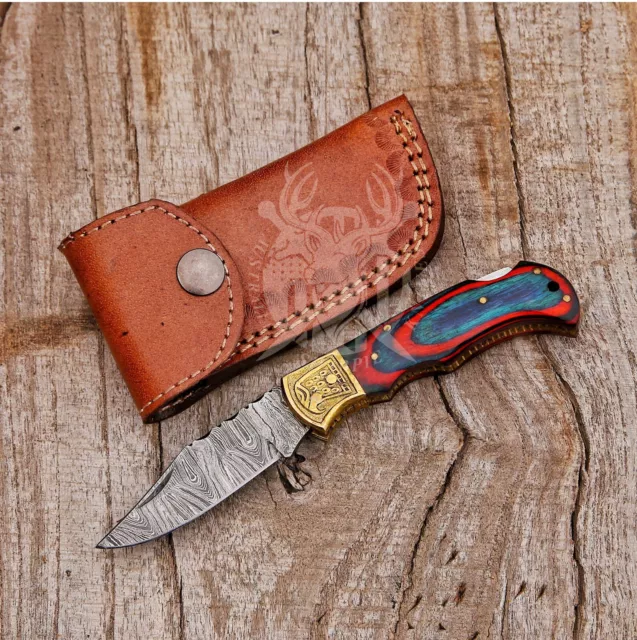 Handmade Wood Damascus Steel Folding Pocket Knife, Hunting Camping W/Sheath sk