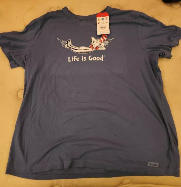 NWT XXL Life Is Good Dr. Seuss Cat In The Hat Dead stock T Shirt Periwinkle Blue