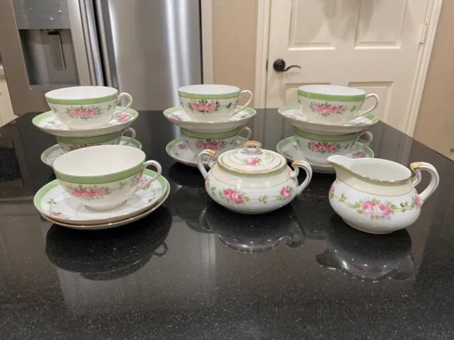 Nippon Hand Painted Pink & Green Tea Cups and Saucers with Creamer and Sugar