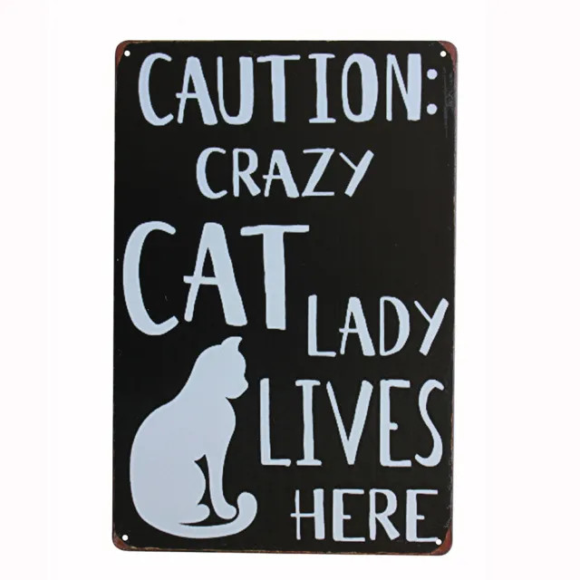 Tin Metal Sign Caution-Carzy Cat Lady Lives Here200x300mm MAN CAVE