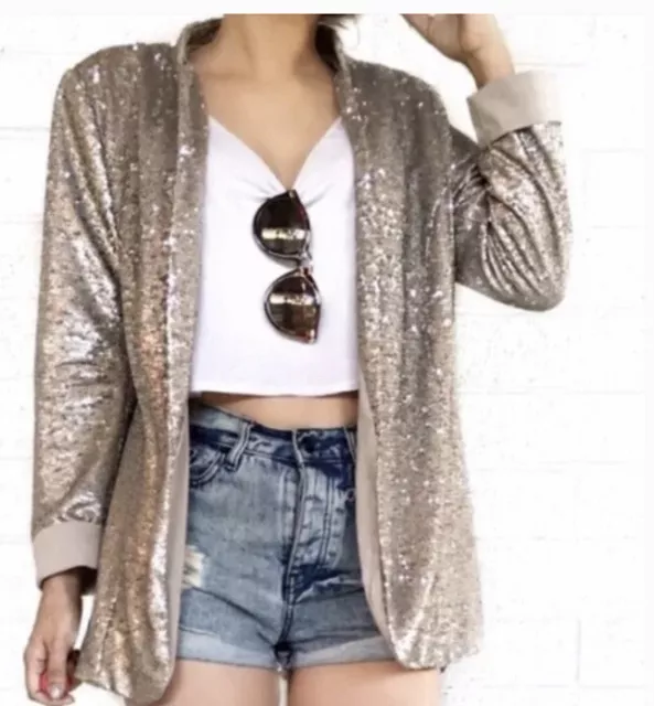 Sam Edelman Jacket Womens champagne Gold Sequin Blazer Womens xs new