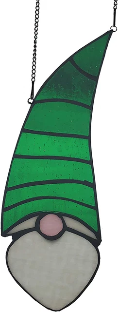 11.25" H Carlin Christmas Elf Stained Glass Window Panel Suncatcher, Green, Whit