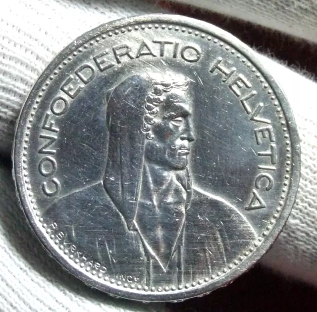 Suiza Helvetia 1939B 5 Francos Herdsman Plateado Pequeño Tipo Moneda