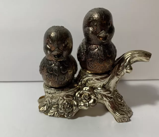 Vintage Brass Birds On Branch Salt & Pepper Shakers & Stand - Japan - Bird - EUC