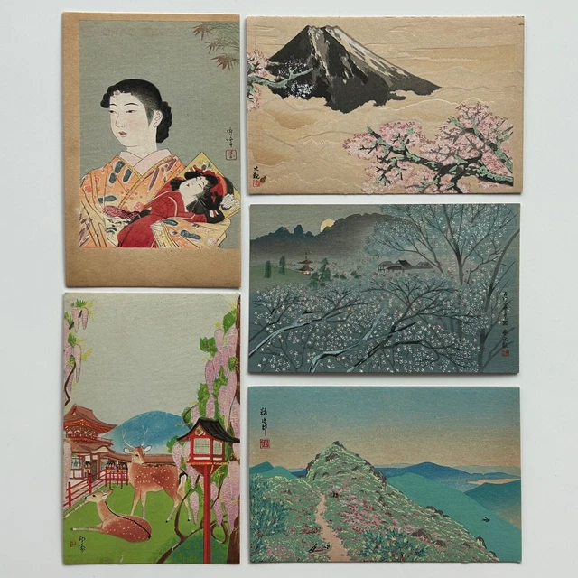 RARE SET of 5 Woodblock Wood-cut Print Picture Postcards Kyoto Hanga in Co Japan