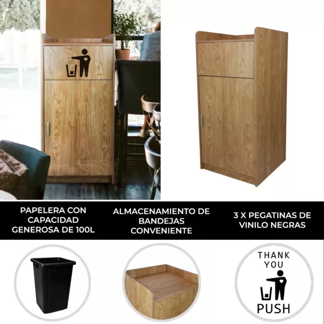 Papelera Madera Roble Claro Soporte de Bandeja Capacidad Basura 100L + Pegatinas