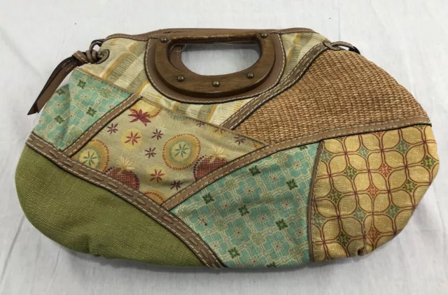 FOSSIL Patchwork Canvas Fabric Handbag Shoulder Strap Wood Handle