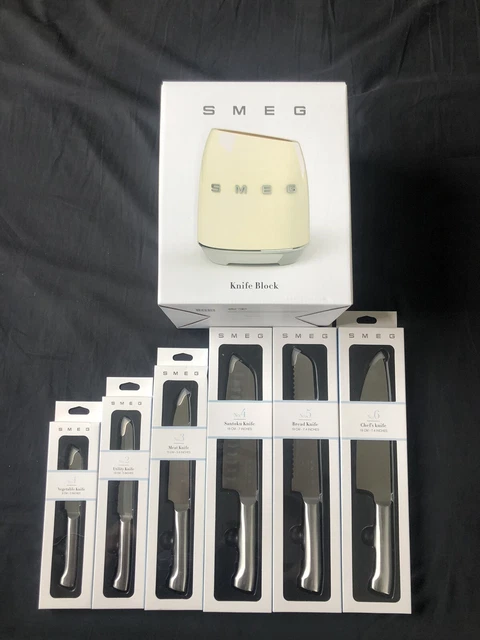 Bloque de cuchillos SMEG incl. 6 cuchillos nuevo embalaje original en beige estilo retro Santoku