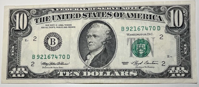 1993 $10 Ten Dollar Bill Federal Reserve Note  New York Vintage Old Currency
