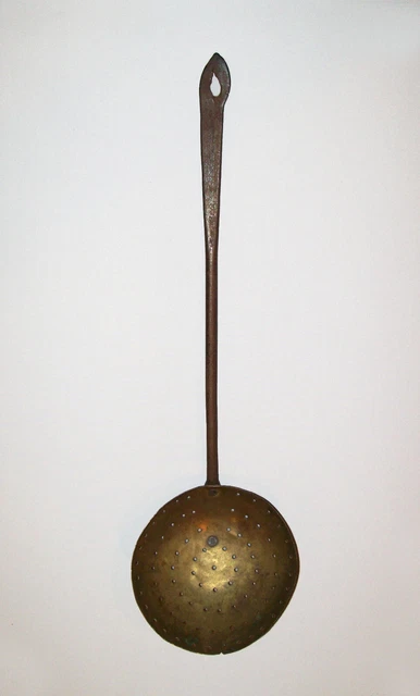 Old Antique Vtg 19th C 1800s Hand Wrought Iron and Brass Open Hearth Strainer