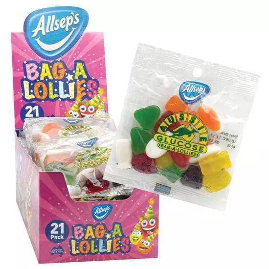 Aussie Glucose "Bag-a-Lollies" (Box of 21 x 60 Gm bags)