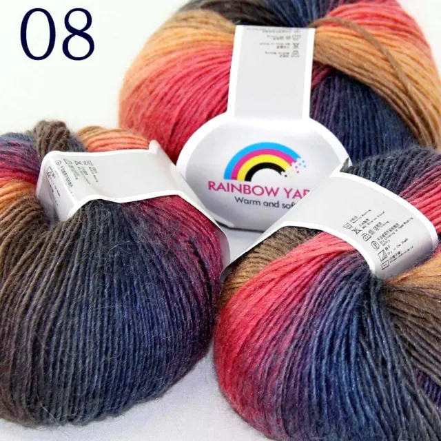 NEW 3BallsX50gr Hand Blankets Rainbow Cashmere Wool Knitting Crochet Yarn 08