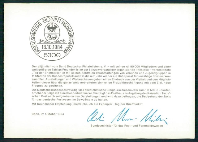 BRD MINISTERKARTE 1984 TAG DER BRIEFMARKE PFERDE POSTKUTSCHE RARE !! hr06