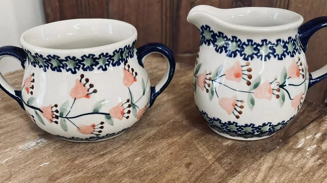 Boleslawiec Polish Pottery Open Sugar and Creamer Floral/Cobalt Blue Handmade