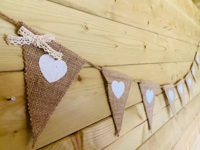 Hessian Bunting White Heart Lace Rustic Wedding Event Shabby Chic Decor 5ft