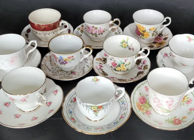 Job lot ten MISMATCHED vintage china cups & saucers wedding party tearoom set L