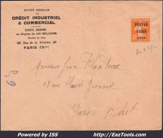 FRANCE PRÉOBLITÉRÉ TYPE SEMEUSE 5c POSTES PARIS 1922 N° 30 SUR LETTRE