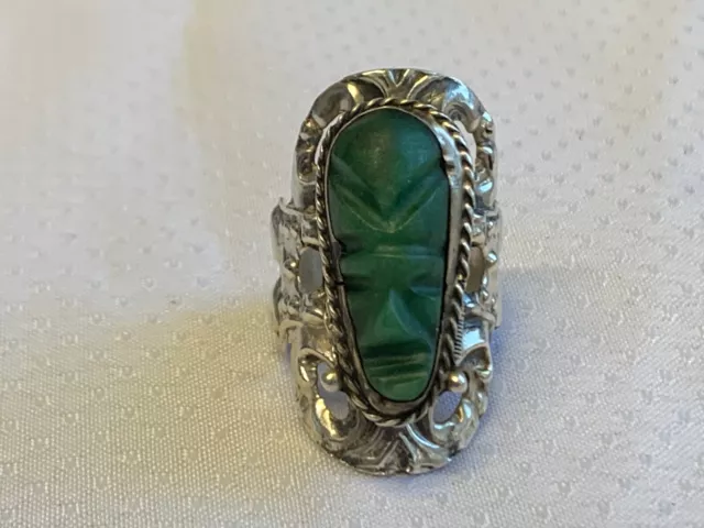 Sterling Silver Ring 11.55g Fine Jewelry Carved Green Malachite Poison Ring