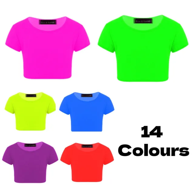 T-shirt bambina crop top maniche corte semplice maglietta danza 3-14 anni neon bambini