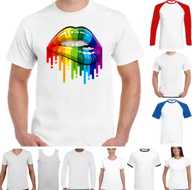 LGBT T-SHIRT Mens Lips Gay Pride Rainbow Colours Top Tee Outfit Clothing Lesbian