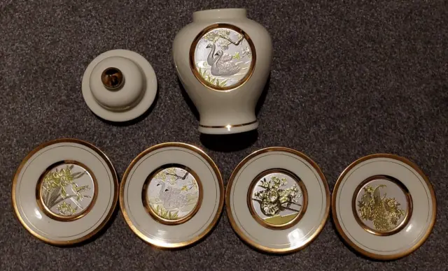The Art of Chokin 24k Gold Edged Small Jar (Swan Design) & Small PlatesX4