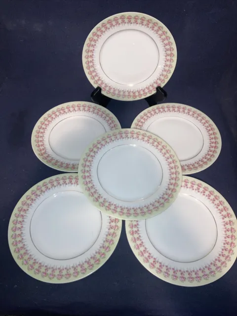 6 Antique Silesia 7.5” Hand Painted Plates W/ Pink Roses & Gold Trim German Made