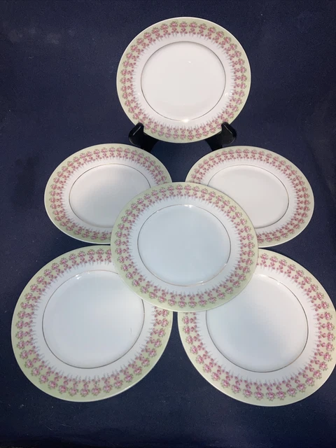 6 Antique Silesia 7.5” Hand Painted Plates W/ Pink Roses & Gold Trim German Made