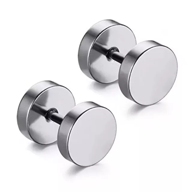 Pair Black Flat Round Barbell Plug Stud Earrings Stainless Steel Mens Gym 3-14MM