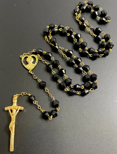 Rosario de vidrio negro bi cono de colección católico, crucifijo en tono dorado, Italia