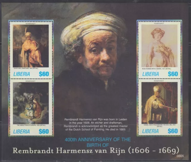 LIBERIA Sc# 2409a-d  MNH SHEET of 4 - 400th ANN BIRTH of REMBRANDT