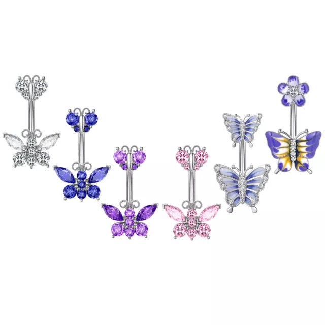 6 Pcs 14G Butterfly CZ Stainless Steel Belly Button Rings Dangle Navel Piercing