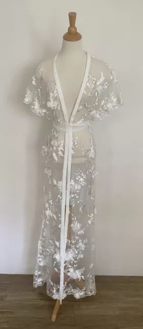 LE ROSE Bridal Robe Duster Wedding Sheer White Floral Pearl Beaded Lace Dress M