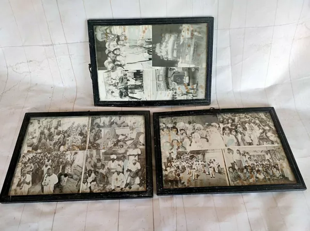 3 Pcs SET OLD VINTAGE PRIMITIVE WOODEN PHOTO FRAMES WITH OLD PHOTOS INDIA S4