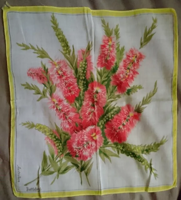 AUSTRALIA SOUVENIR HANDKERCHIEF - VINTAGE - BOTTLEBRUSH Flowers