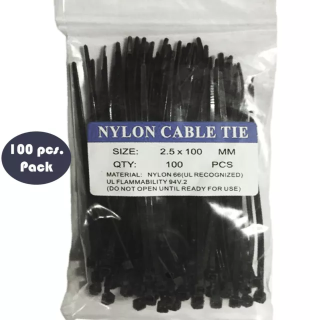 100 Pack -100 X 2.5MM Nylon Cable Tie Wraps in Black - TUFF JACKS QUALITY