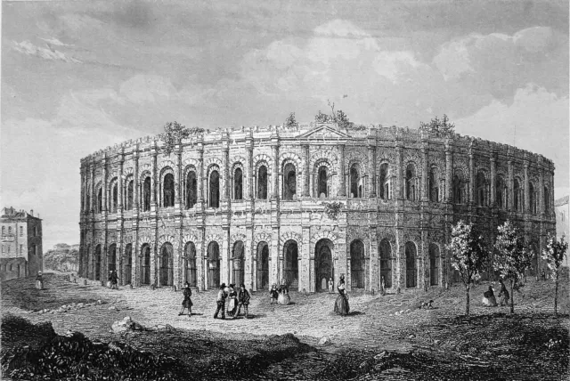 NÎMES - AMPHITHEÂTRE ROMAIN au 19e siècle - Gravure du 19e siècle