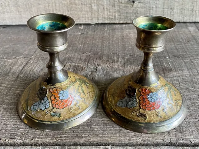 Vintage Penco Industries PAIR Solid Brass Cloisonne Enamel Candle Holder/Stick