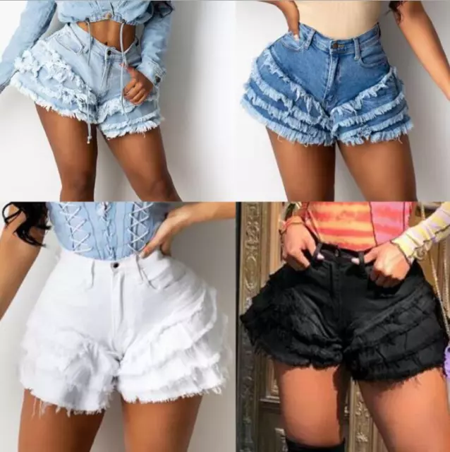 Woman denim Jean shorts Solid Color Feathers Ruffle High Waist Fray Jean Shorts