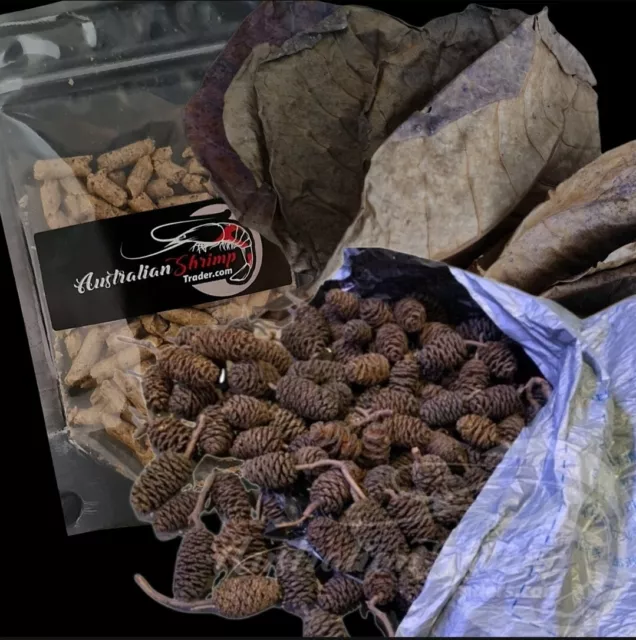 Shrimp Snow Food 100g Soy Husk Pellets,  10 Indian Almond Pack + 30  Alder Cones