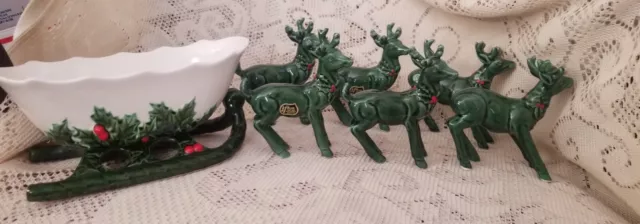 VINTAGE Lefton Christmas holly sleigh with 6 green labeled reindeer tail up down