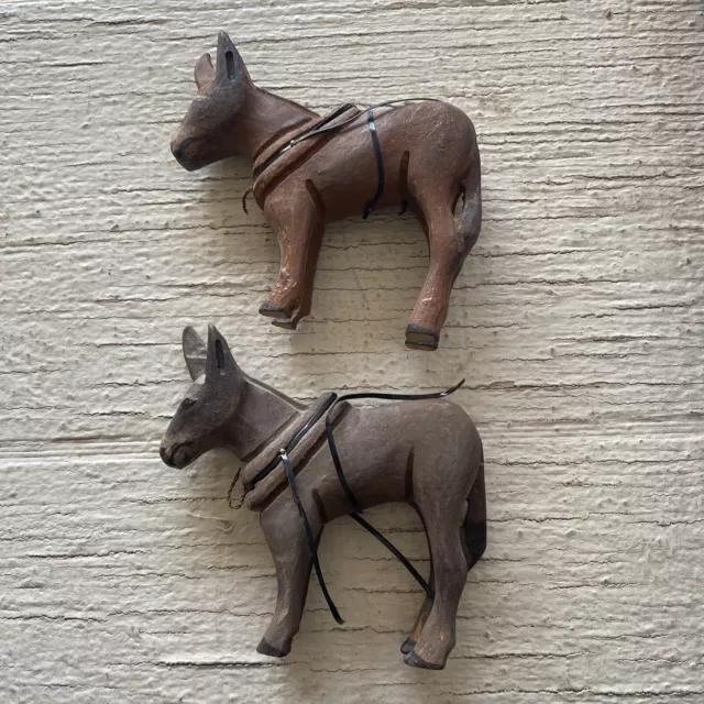 Vintage Harnessed Mule Donkey Work Horse Hand Carved Figurine Wood Carved Donkey