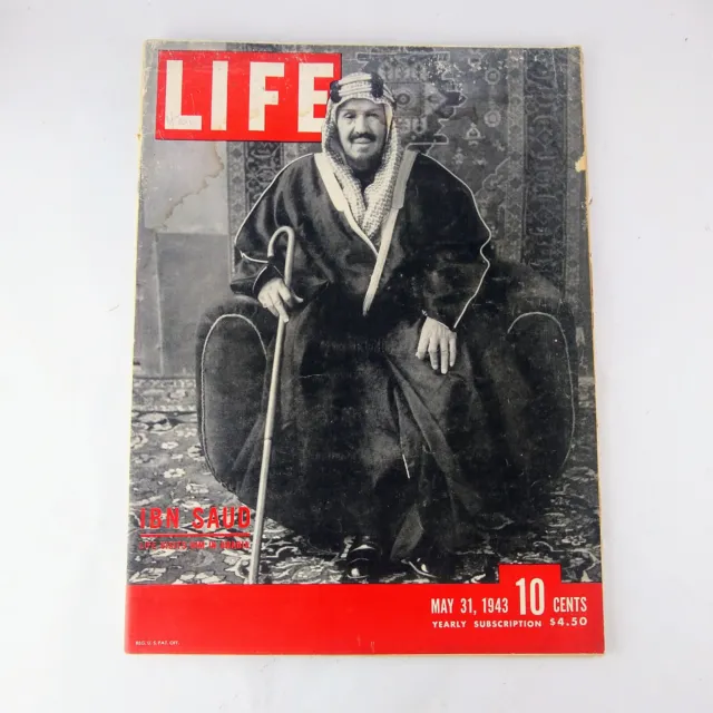 Life Magazine 1943 King Ibn Saud May 31 Kingdom of Saudi Arabia KSA Cover Vtg