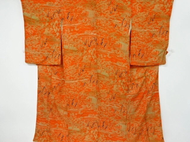 6293779: Japanese Kimono / Antique Kimono / Mon Kinsha / Scenery Of House